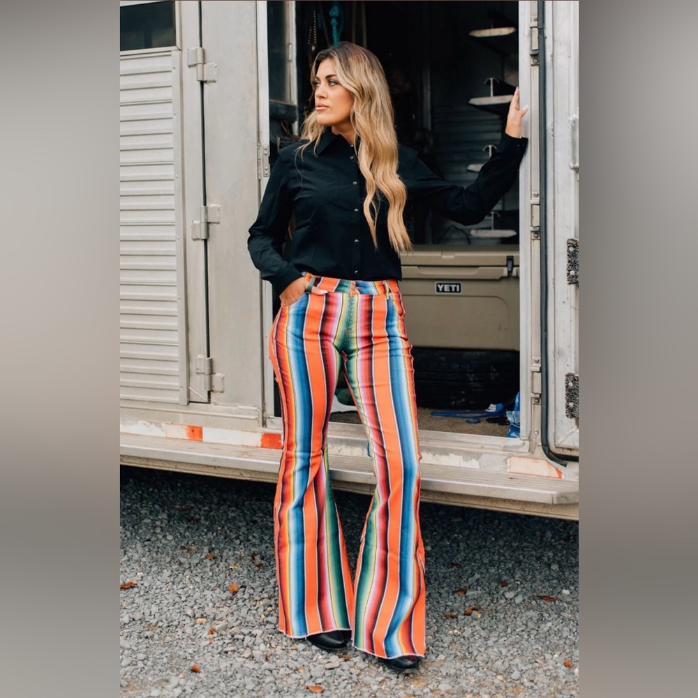 New Ranch Dressn Fallon Taylor Orange Serape Super Flares Flare Denim Jeans 00 - Picture 8 of 12